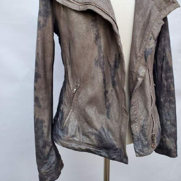 Elie Tahari leather motorcycle moto jacket gray black tan tie dye medium L 8 10
